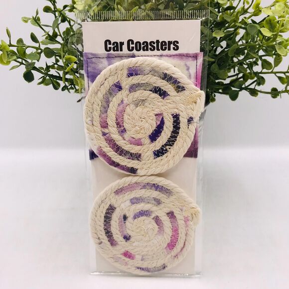 Rope Car Coasters Boho Purple Pansies Cream One Set of 2  For Car Cup Holders - Picture 5 of 5